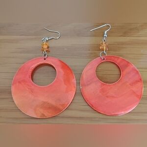 Coral Orange Faux Shell Round Cutout Dangle Drop Earrings Boho